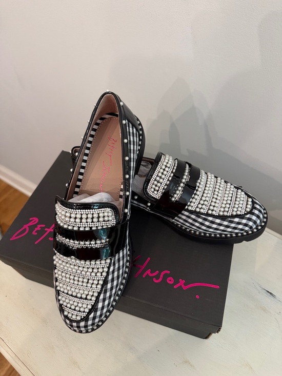Betsey Johnson Shoes - Betsey Johnson Black & White Gingham Pearl-Embellished Loafers